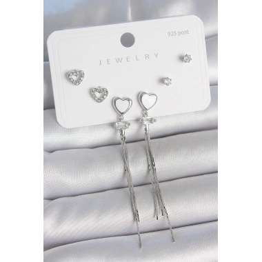 Pirinç Gümüş Sallantı Beyaz Mineli Kalp Model Zirkon Taşlı Kalp Detay 925 Ayar Gümüş Çivi Kadın Küpe Seti
