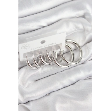 Pirinç Halka Model Gümüş Renk Kadın Set Küpe