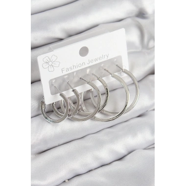 Pirinç Halka Model Gümüş Renk Kadın Set Küpe