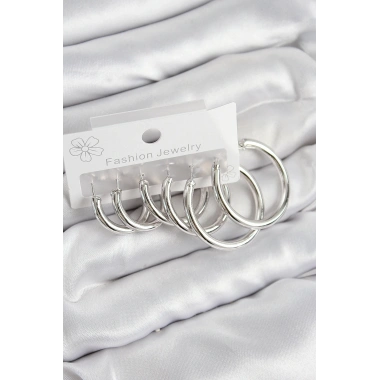 Pirinç Halka Model Gümüş Renk Kadın Set Küpe