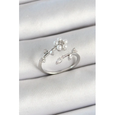 Pirinç İnci Detaylı Papatya Figürlü Zirkon Taşlı Gümüş Renk Ayarlanabilir Kadın Yüzük