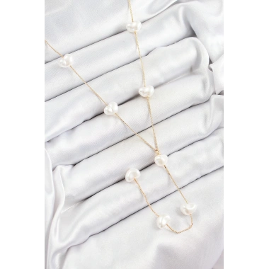 Pirinç İncili Kalp Figürlü Y Model Gold Renk Kadın Kolye