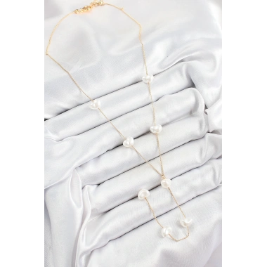 Pirinç İncili Kalp Figürlü Y Model Gold Renk Kadın Kolye