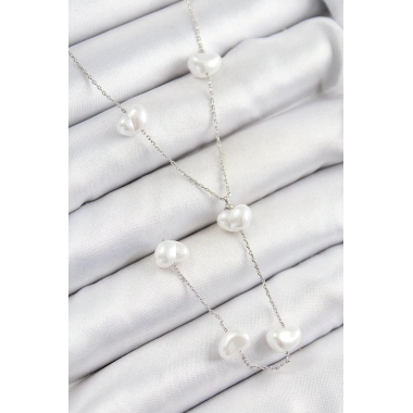 Pirinç İncili Kalp Figürlü Y Model Gümüş Renk Kadın Kolye