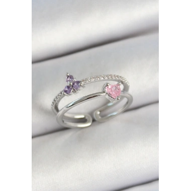 Pirinç Kalp Ve Çiçek Figürlü Zirkon Taşlı Gümüş Renk Ayarlanabilir Kadın Yüzük