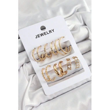 Pirinç Karışık Halka Model Gold Renk 6 Çift Kadın Küpe Set