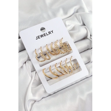 Pirinç Karışık Halka Model Gold Renk 6 Çift Kadın Küpe Set