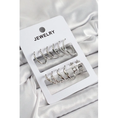 Pirinç Karışık Halka Model Gümüş Renk 6 Çift Kadın Küpe Set