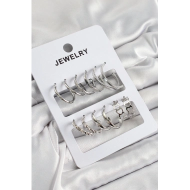 Pirinç Karışık Halka Model Gümüş Renk 6 Çift Kadın Küpe Set