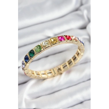 Pirinç Karışık Zirkon Taşlı Kare Model Gold Renk Lastikli Kadın Bileklik