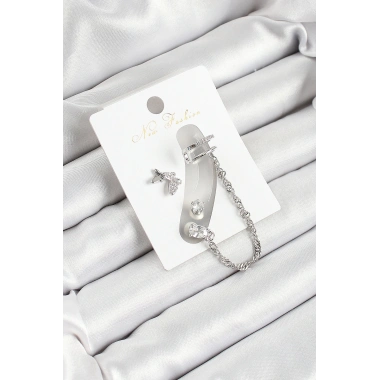 Pirinç Kelebek Figürlü Zirkon Taşlı Gümüş Renk 3lü Kıkırdak Kadın Küpe Set