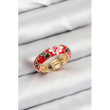 Pirinç Kırmızı Mineli Çiçek Motifli Gold Renk Ayarlanabilir Kadın Yüzük