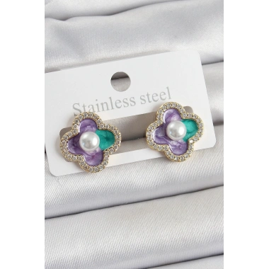 Pirinç Mor Mineli İnci Detaylı Zirkon Taşlı Sanatsal Portre Yonca Model Gold Renk Kadın Küpe