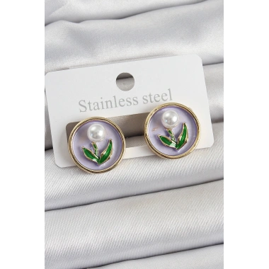 Pirinç Mor Mineli Lale Figürlü Sanatsal Portre Model Gold Renk Kadın Küpe