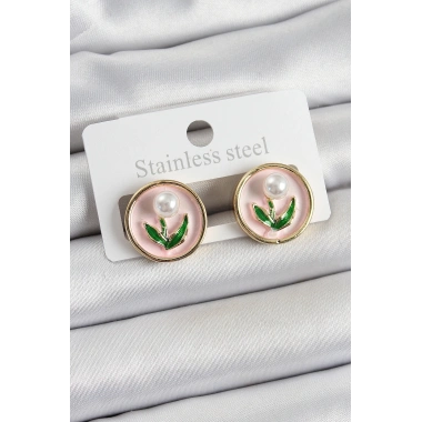 Pirinç Pembe Mineli Lale Figürlü Sanatsal Portre Model Gold Renk Kadın Küpe