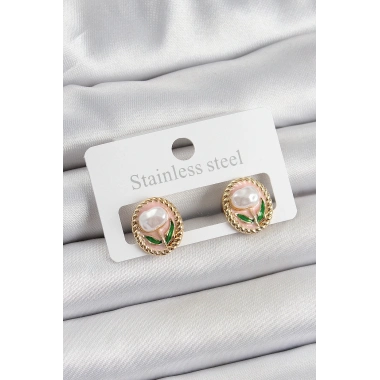 Pirinç Pembe Mineli Lale Figürlü Sanatsal Portre Model Gold Renk Kadın Küpe