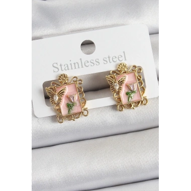 Pirinç Pembe Mineli Sanatsal Portre Model Gold Renk Kadın Küpe