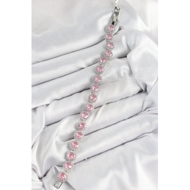 Pirinç Pembe Zirkon Taşlı Daire Baget Model Gümüş Renk VIP Seri Kadın Bileklik