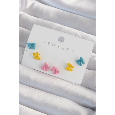 Pirinç Rengarenk Mineli Minimal Fiyonk Küpe Seti