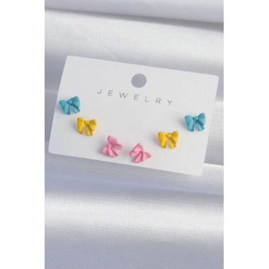 Pirinç Rengarenk Mineli Minimal Fiyonk Küpe Seti