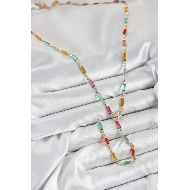 Pirinç Renkli Zirkon Taşlı Dikdörtgen Model Gold Renk Kadın Y Kolye