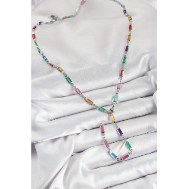 Pirinç Renkli Zirkon Taşlı Dikdörtgen Model Gümüş Renk Kadın Y Kolye