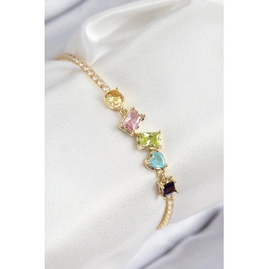 Pirinç Renkli Zirkon Taşlı Geometrik Model Gold Renk Kadın Bileklik