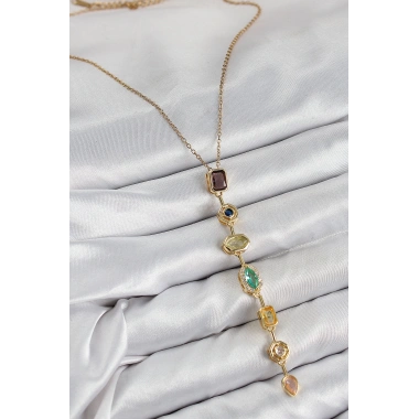 Pirinç Renkli Zirkon Taşlı Model Gold Renk 7 Element Kadın Y Kolye