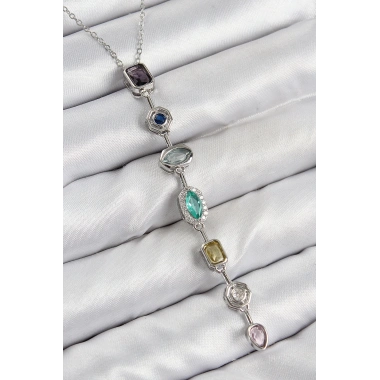 Pirinç Renkli Zirkon Taşlı Model Gümüş Renk 7 Element Kadın Y Kolye