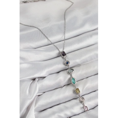 Pirinç Renkli Zirkon Taşlı Model Gümüş Renk 7 Element Kadın Y Kolye