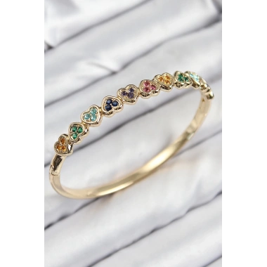 Pirinç Renkli Zirkon Taşlı Sıralı Kalp Model Gold Renk Kadın Kelepçe