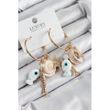 Pirinç Sallantılı Seramik Balık Ve Deniz Kabuğu Model Gold Renk Kadın Küpe