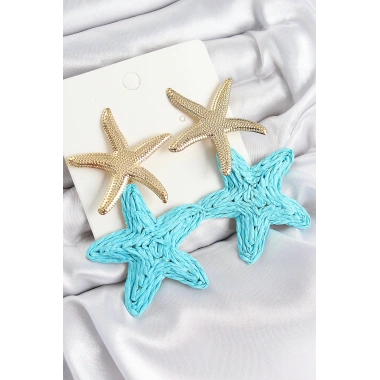 Pirinç Sallantılı Turkuaz Deniz Yıldızı Model Gold Renk Hasır Küpe
