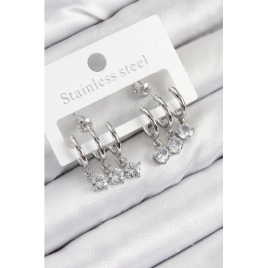 Pirinç Sallantılı Zirkon Taşlı Model Gümüş Renk Kadın Küpe