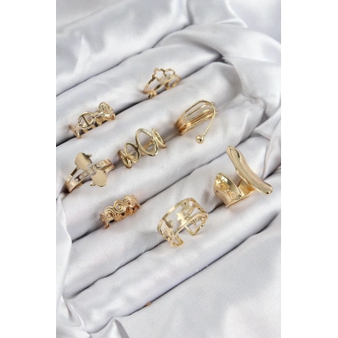 Pirinç Sarmal Ve Yıldız Model Gold Renk Kadın Yüzük Kombin Set
