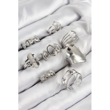 Pirinç Sarmal Ve Yıldız Model Gümüş Renk Kadın Yüzük Kombin Set