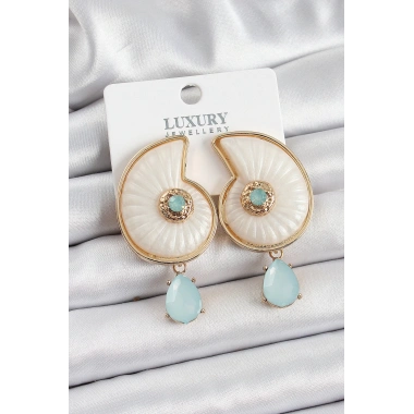 Pirinç Sedef Deniz Kabuğu Figürlü Zirkon Taşlı Gold Renk Kadın Küpe