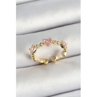 Pirinç Sıralı Kalp Figürlü Zirkon Taşlı Gold Renk Ayarlanabilir Kadın Yüzük