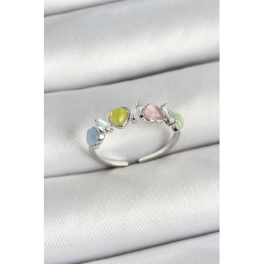 Pirinç Sıralı Kalp Figürlü Zirkon Taşlı Gümüş Renk Ayarlanabilir Kadın Yüzük