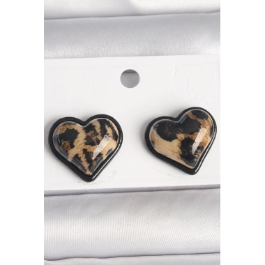 Pirinç Siyah Renk Leopar Desen 3D Kalp Model Kadın Küpe
