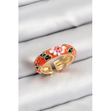 Pirinç Turuncu Mineli Çiçek Motifli Gold Renk Ayarlanabilir Kadın Yüzük