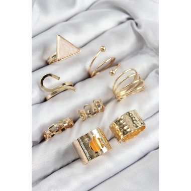 Pirinç Üçgen Model Gold Renk Kadın Yüzük Kombin Set