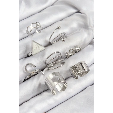 Pirinç Üçgen Model Gümüş Renk Kadın Yüzük Kombin Set