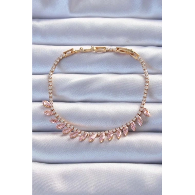 Pirinç Vip Seri Altın Renk Pembe Zirkon Taşlı Bileklik