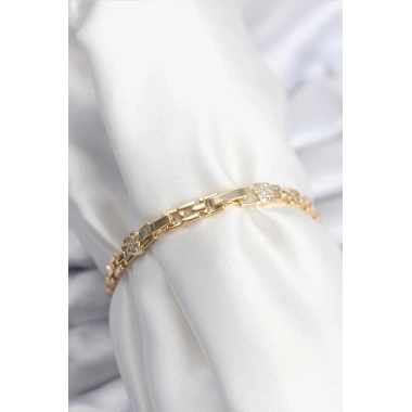 Pirinç VIP Seri Gold Renk Zincir Model Kalpli Zirkon Taşlı Kadın Bileklik