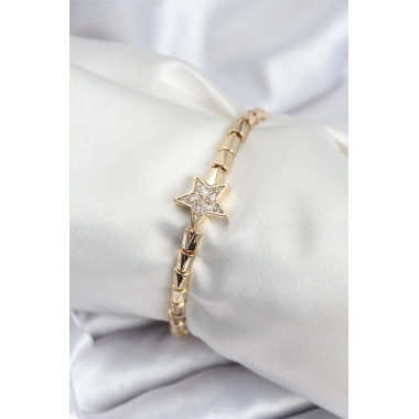 Pirinç VIP Seri Gold Renk Zirkon Taşlı Yıldız Model Kadın Bileklik