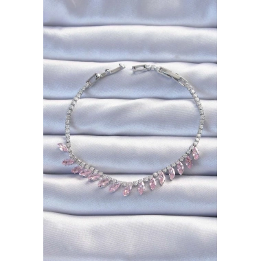 Pirinç Vip Seri Gümüş Renk Pembe Zirkon Taşlı Bileklik