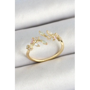 Pirinç Yaprak Figürlü Zirkon Taşlı Gold Renk Ayarlanabilir Kadın Yüzük