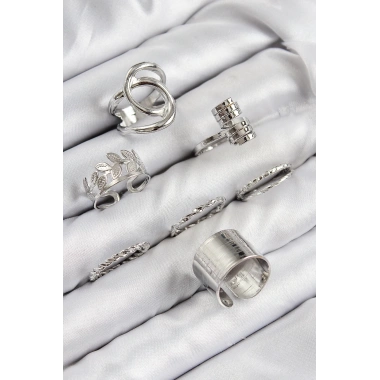 Pirinç Yaprak Model Gümüş Renk Kadın Yüzük Kombin Set