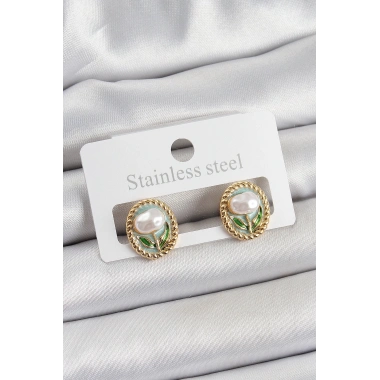 Pirinç Yeşil Mineli Lale Figürlü Sanatsal Portre Model Gold Renk Kadın Küpe